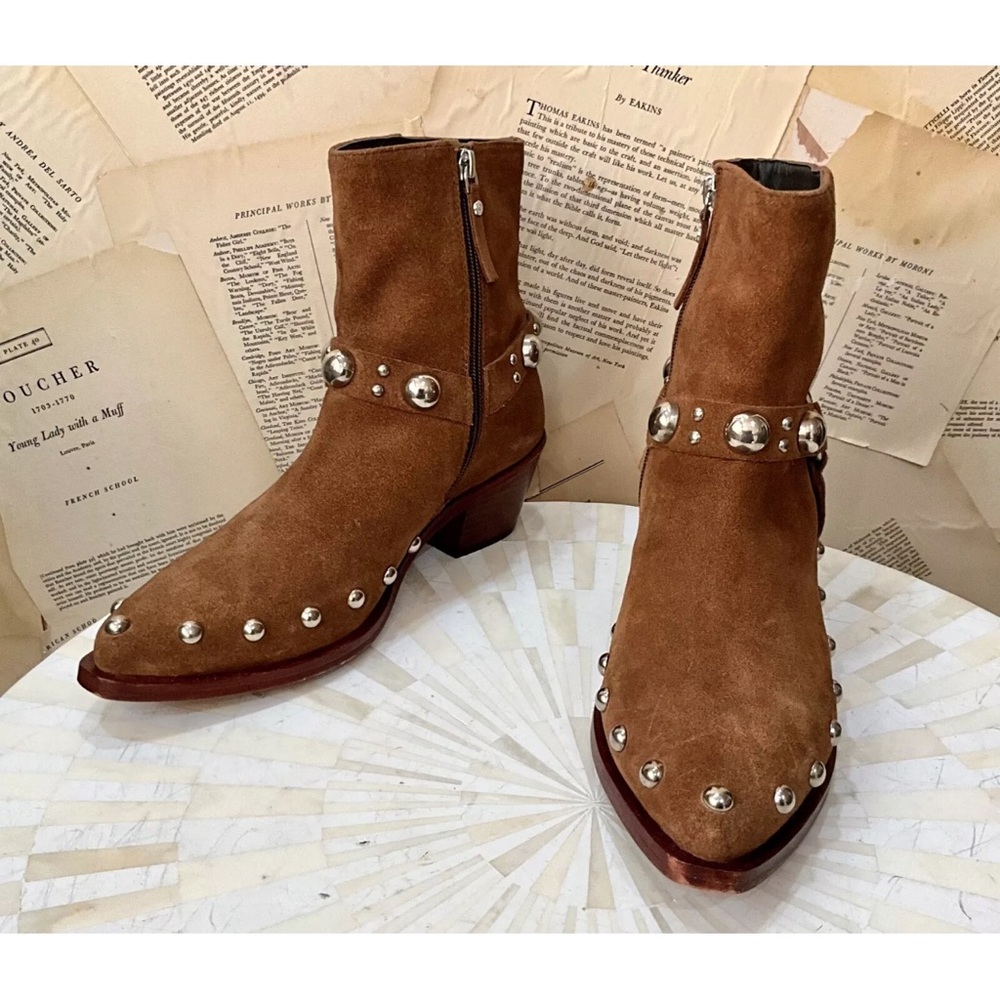 Free People Amelia Studded Ankle Boot Harness Western Tan Brown Suede - Picture 4 of 6